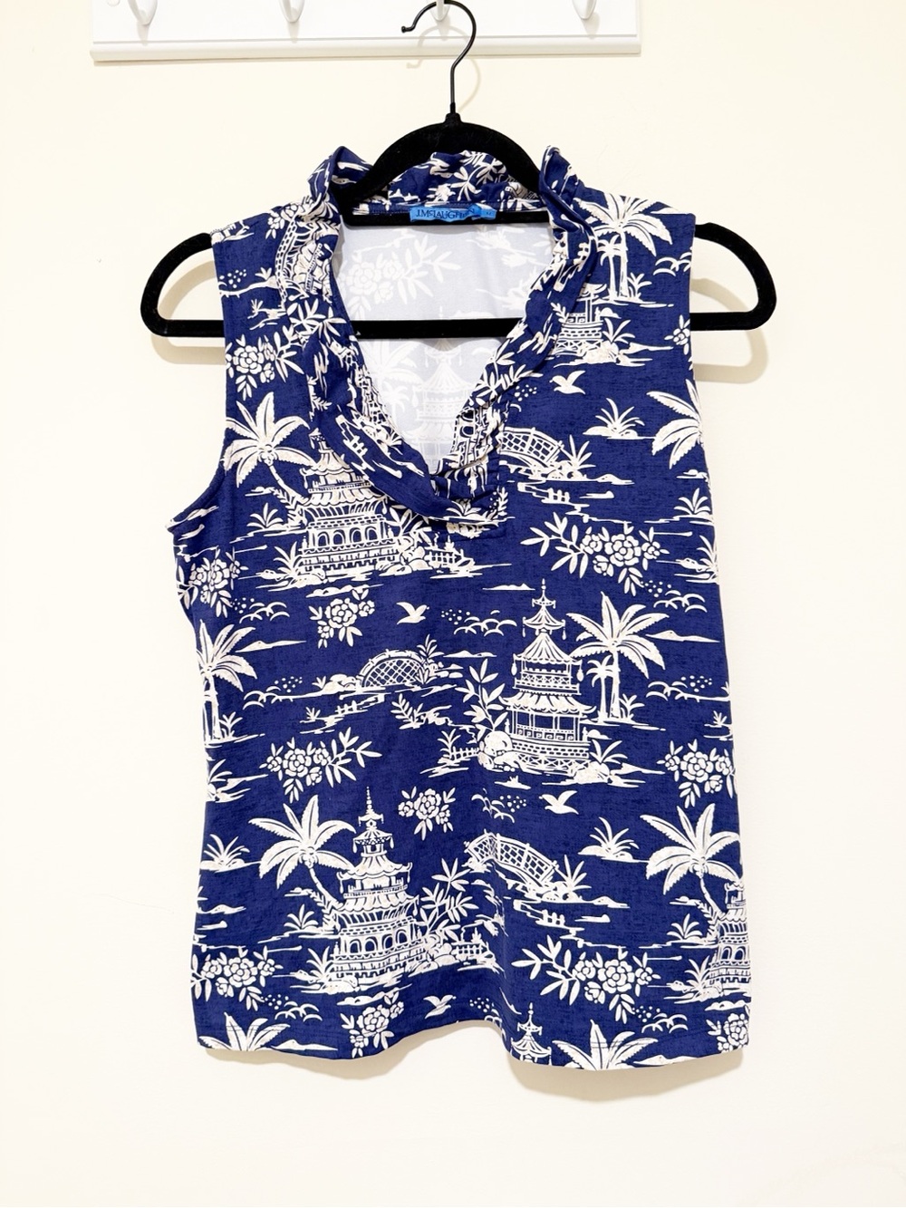 J. McLaughlin Sleeveless Blue & White Printed Ruffle Neck Top